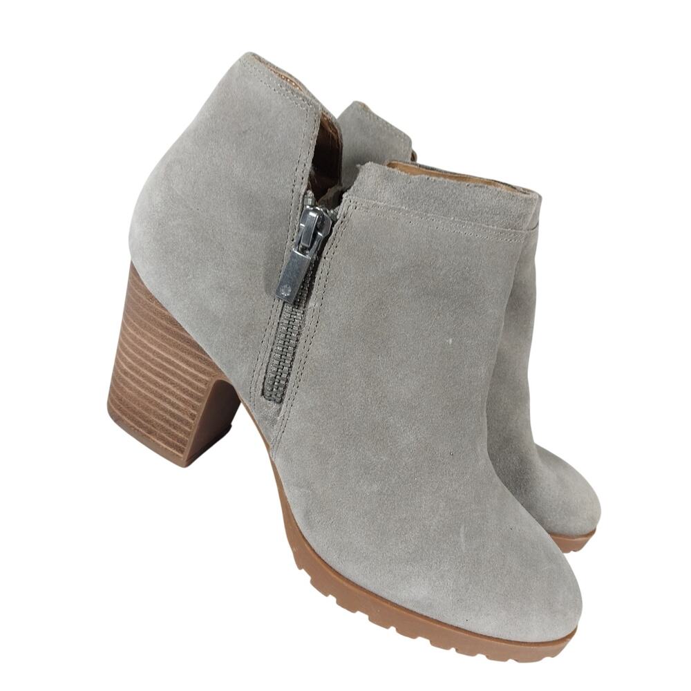NWOT! LUCKY BRAND! GRAY GENUINE LEATHER DOUBLE ZIP, STACK HEEL ANKLE BOOTS! 7.5M